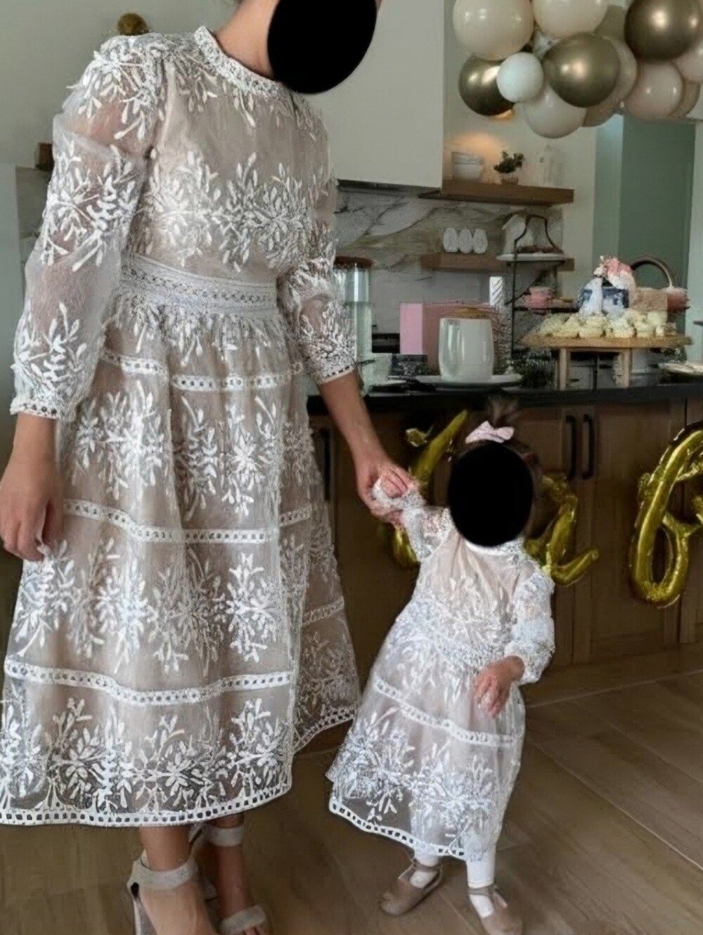 Ivy City Co Champagne & White Lace Embroidered Midi Dress